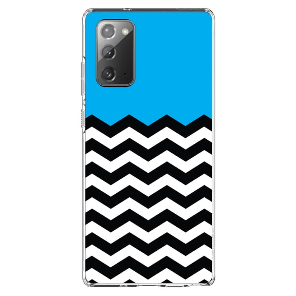 DistinctInk Clear Shockproof Hybrid Case for Samsung Galaxy Note 20 (6.7" Screen) - TPU Bumper, Acrylic Back, Tempered Glass Screen Protector - Black White Cyan Blue Chevron - Black & White Stripes