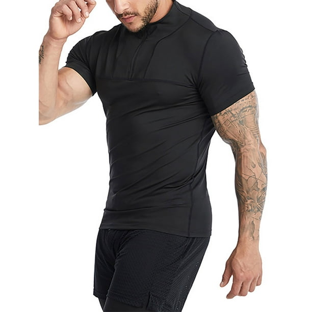 LUXUR Mens Compression Shirts Short Sleeve Sport T Shirt Cool Dry Summer  Tops Moisture Wicking Tee Baselayer Muscle T-shirt Black L 