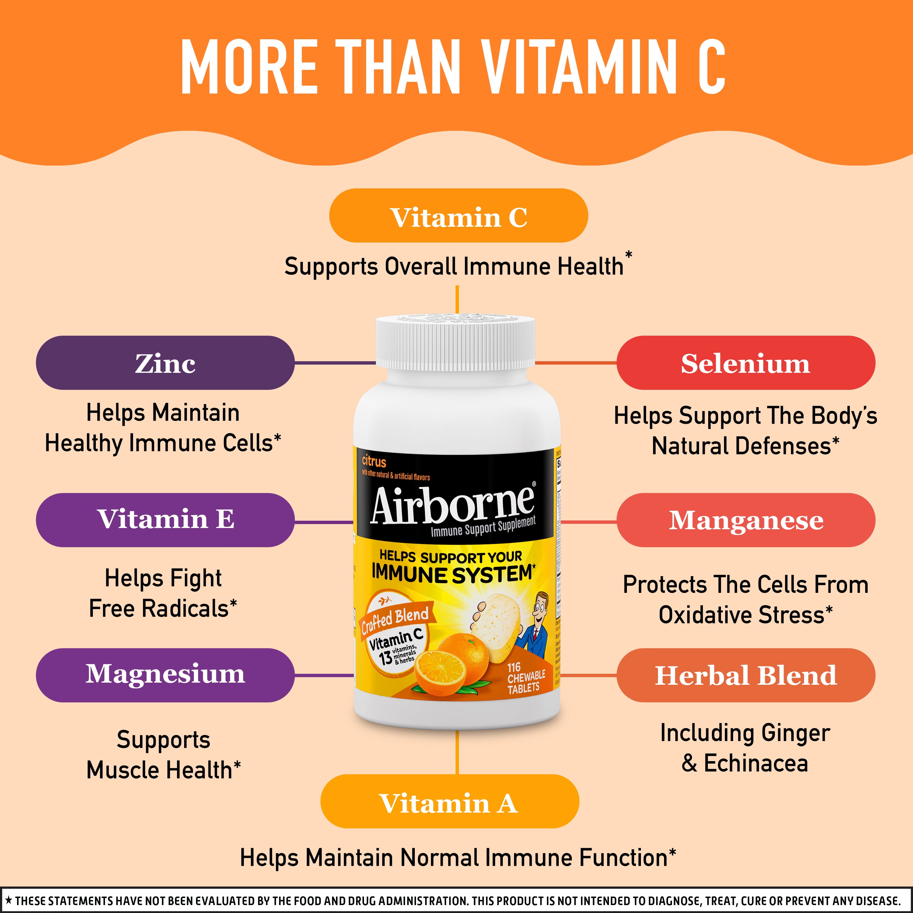 Airborne Citrus Chewable Tablets, 116 count - 1000mg of Vitamin C - Immune Support Supplement