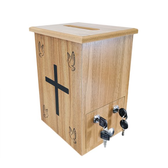 FixtureDisplays® Engineered Wood Tithes Offering Box Cross Christian Church Knock-Down Wood Donation Boxes, Collection Boxes,Charity Boxes 11.8 inche wide x 9.5 inches deep x 15.8 inches height