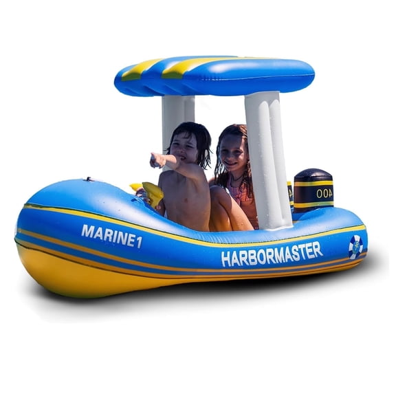 Zone Tech Harbor Master Inflatable Patrol Boat Pool Float Ride On with Fun Constant Flow Water Squirter for Kids Cool Retro Style for Beach Ocean Pool Lake Extra Thick Large Floatie