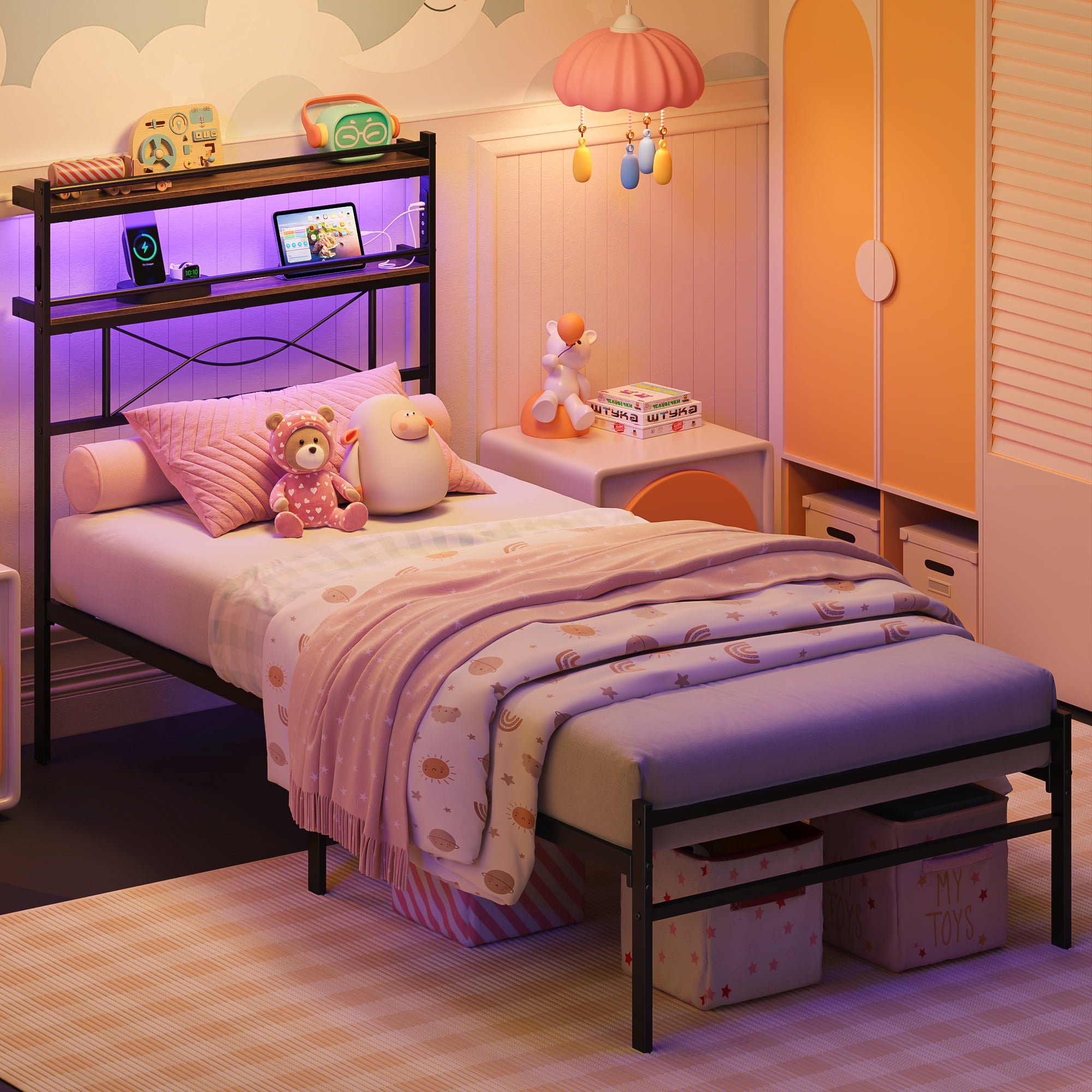 Mintazer Twin Power Outlet Metal Platform Bed Frame with 2-Tier Storage Headboard and LED Light for Girls Kids Teens, Black