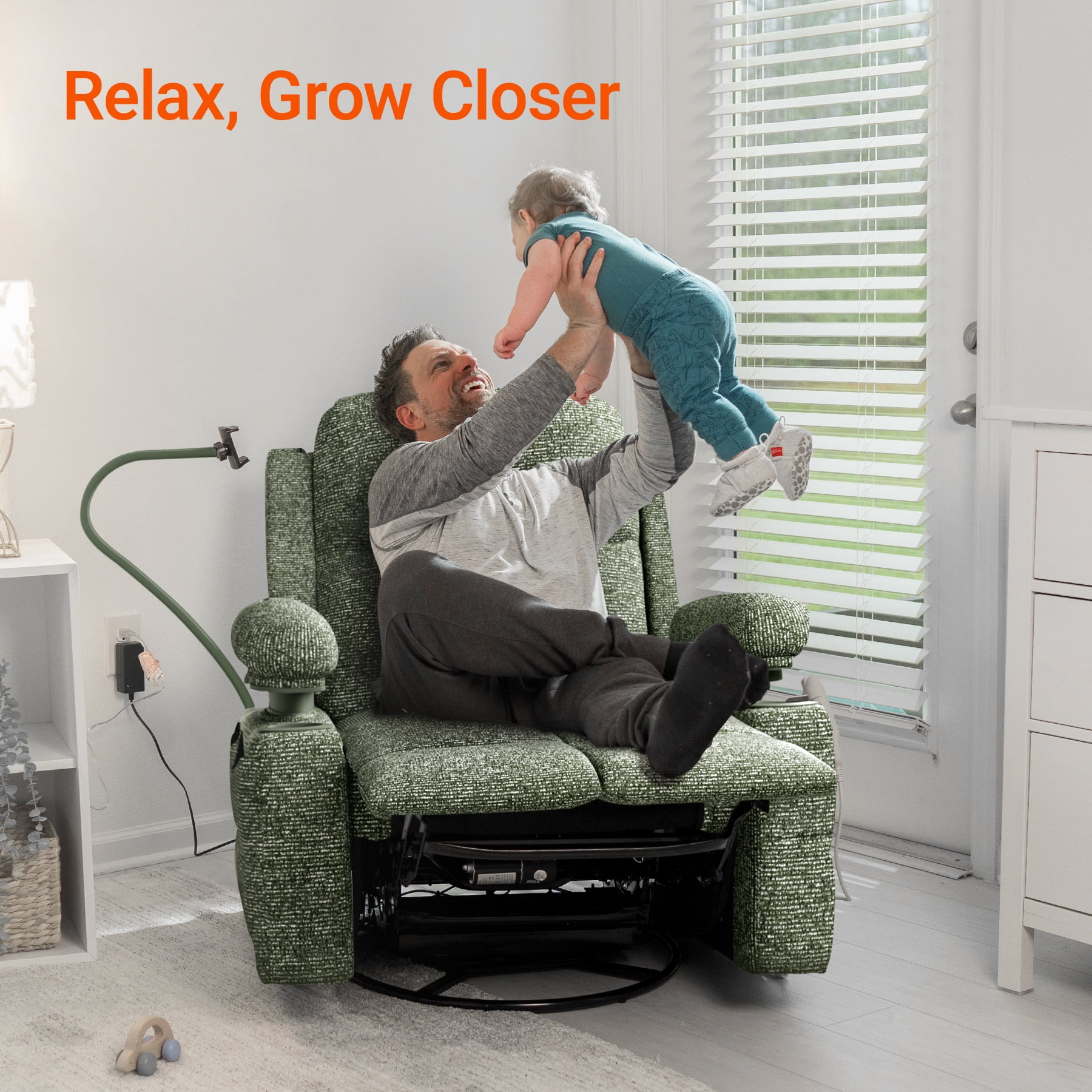 MAMAZING Nursery Rocking Chair Swivel Glider Oversized Recliner with Pockets Electric Power Baby Nursing Chair Green