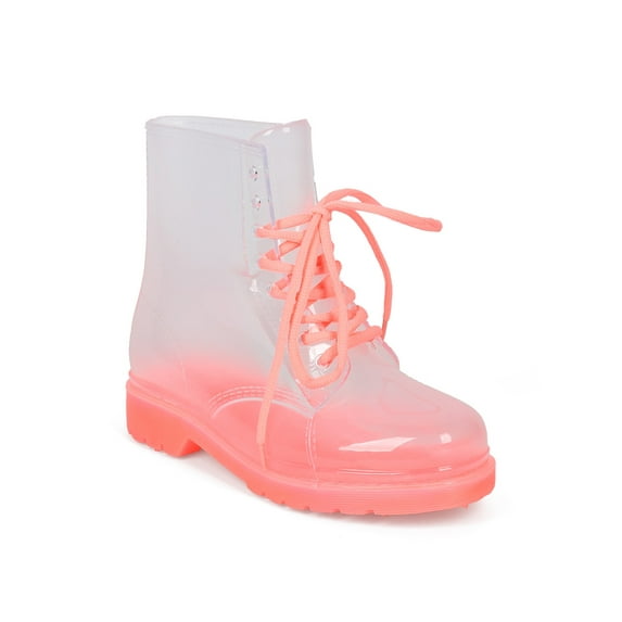 New Women Red Ruby Gum-1 Clear Lace Up Lug Sole Combat Rain Boot