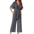 thumbnail image 2 of Solid Color V-Neck Casual Wide Leg Jumpsuit With Bownot, 2 of 5