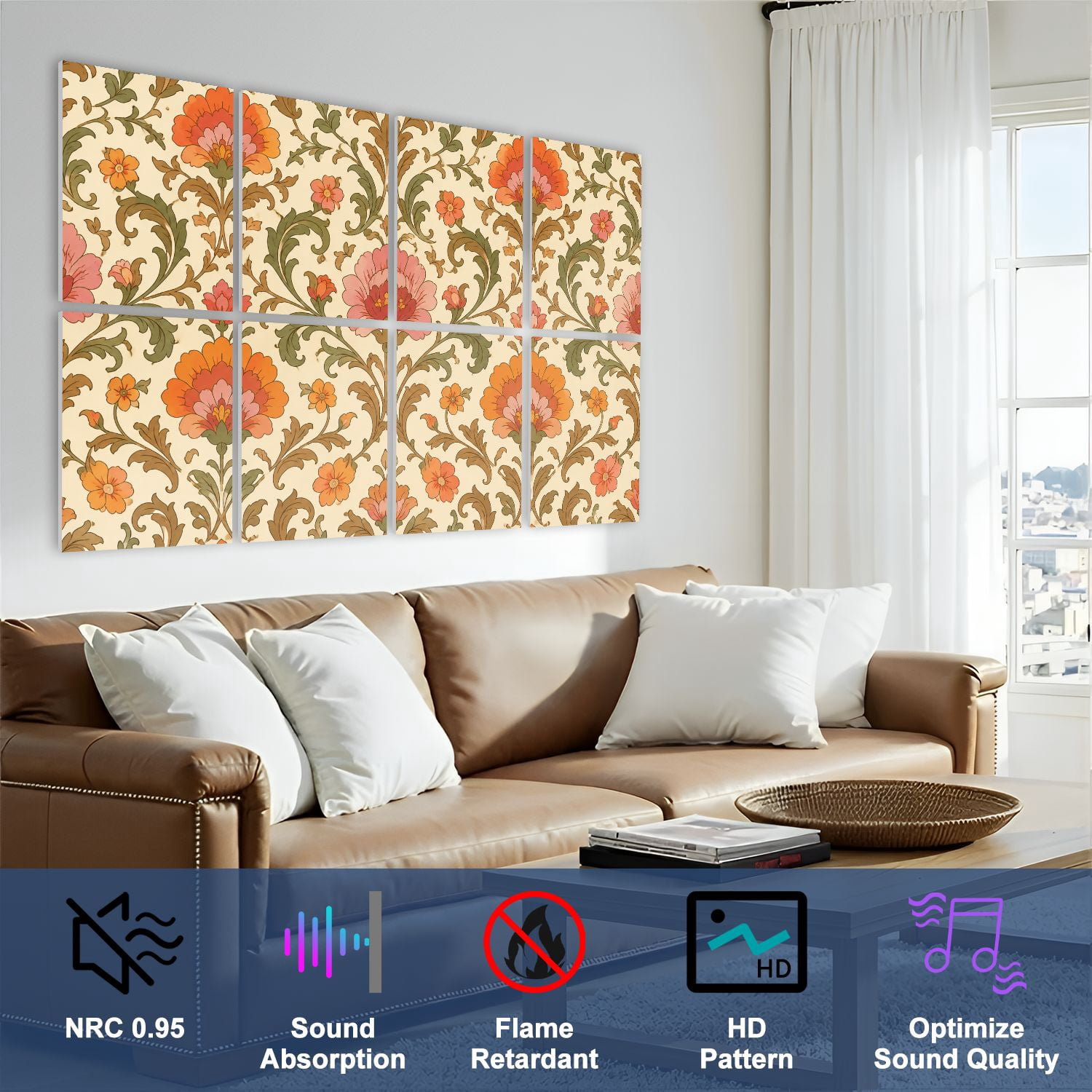 8 Pack Art Acoustic Panels Sound Absorbing Orange Pink Flowers Green Leaves 1960s Retro Vintage Decorative Soundproof Wall Panels Self Adhesive for Nursery Game Room Bedroom 48"x32"