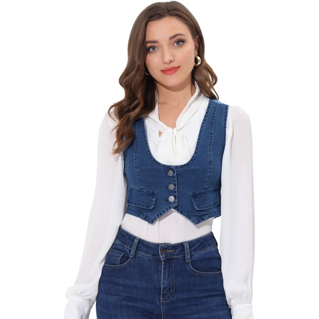INSPIRE CHIC Women's Denim Button Up Vintage Sleeveless Jean Crop Racerback Vest Mid-Blue XS