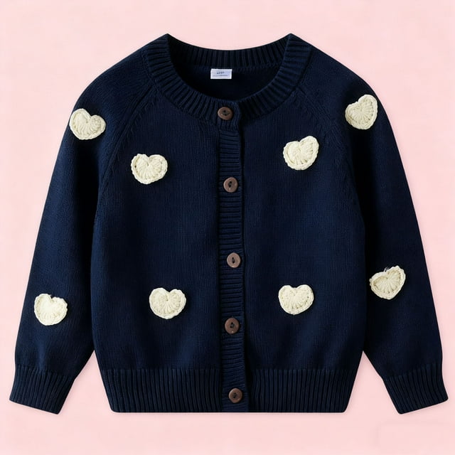 Blusas y camisas de manga larga con cuello redondo Cárdigan de punto de polar de manga larga con corazón pequeño bordado para niños Suéter de cuello redondo de manga larga para niñas Top de poliéster