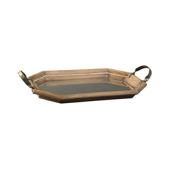 Benjara BM227399 Geometric Tray with Mirror Inlay & Metal Handles, Brown & Silver