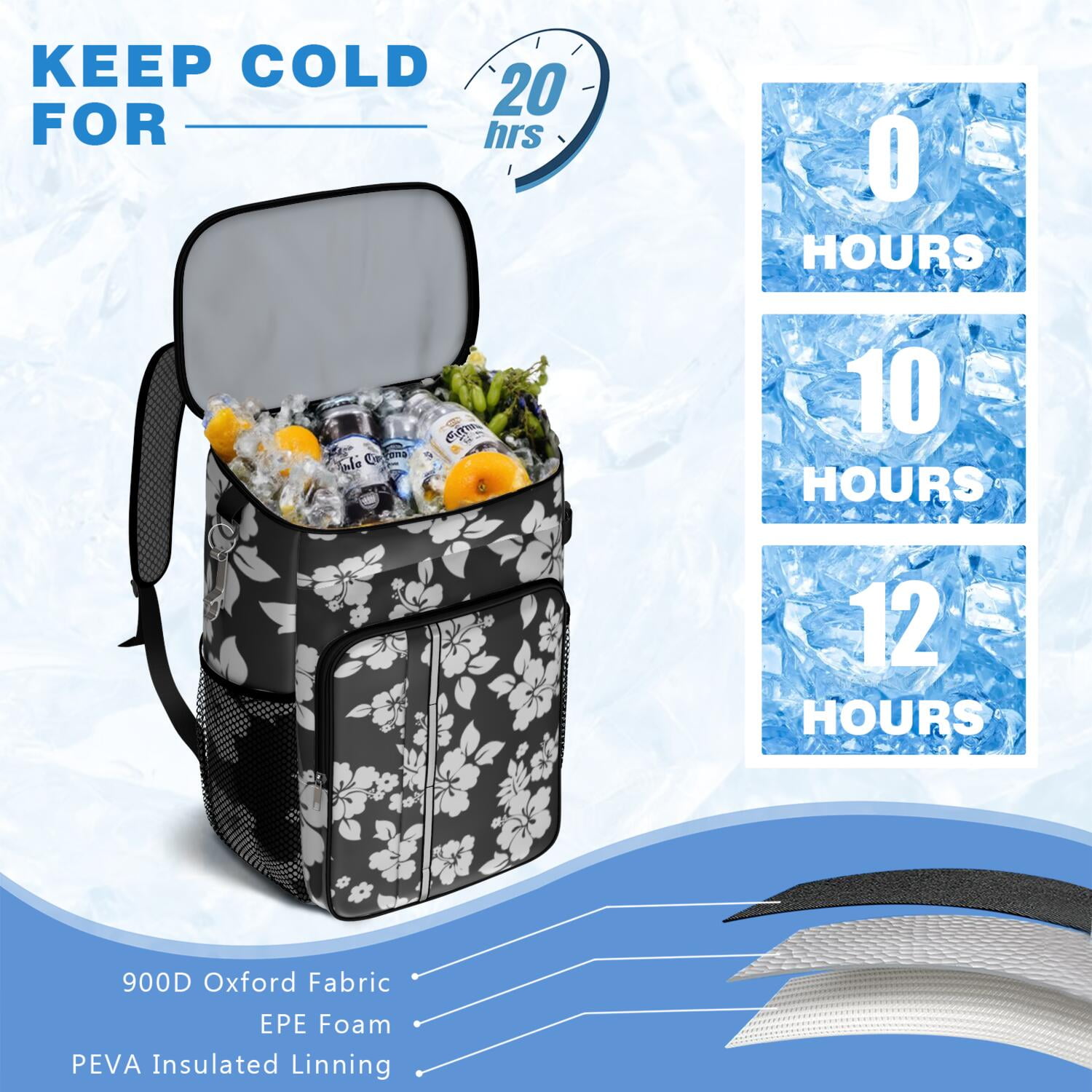 Travel Cooler Bag - Pioneer Flower Floral Print Pattern Camping Beer Cooler Backpack with Bottle Opener- Waterproof Insulated Picnic Backpacks - Cooler Bag for Beach