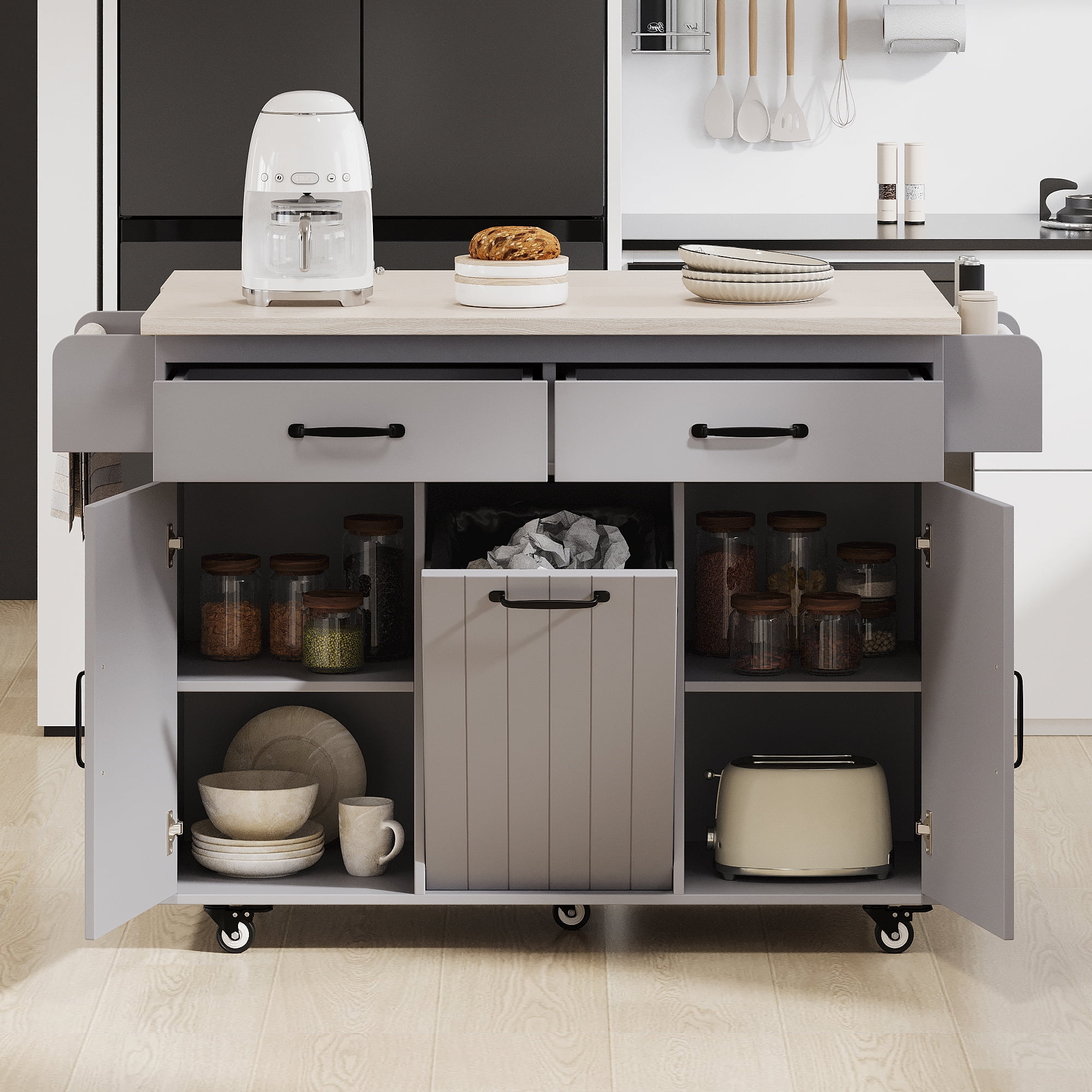 Euroco Kitchen Island Cart with Drop Leaf, Tilt-Out Trash Cabinet, Drawers and Shelves, Mobile and Stationary Options, 51” Wide
