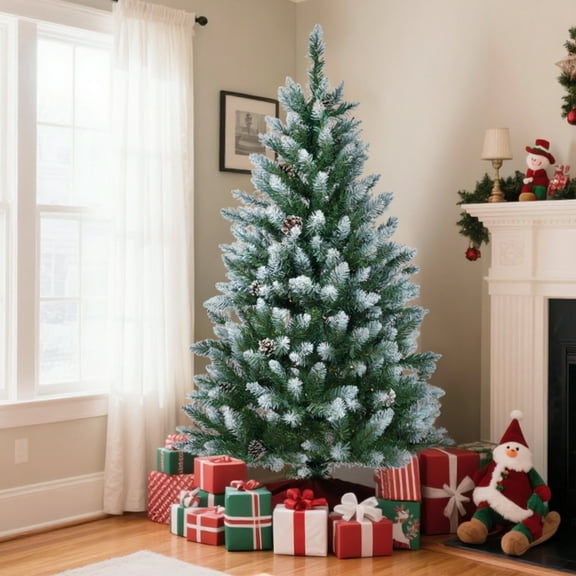 Emorefun 6 ft Skinny Christmas Trees, Artificial Xmas Tree with White Snow Pine Neddle Branch Tips and Pine Cones for Home/Office