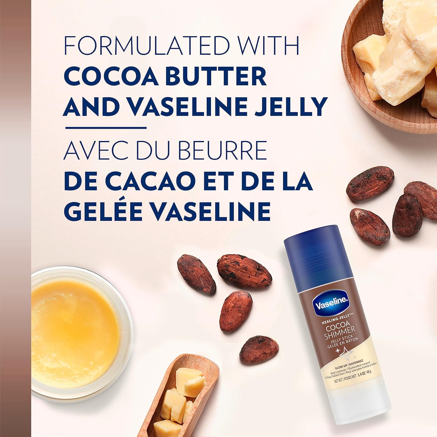 Vaseline Lotion Bundle, Cocoa Shimmer Jelly Stick Highlighter & Luminizer + All Over Body Balm Stick, Vaseline Cocoa Butter, Body Balm Skin Care Set, Petroleum Jelly for Dry Skin (2 Piece Set)