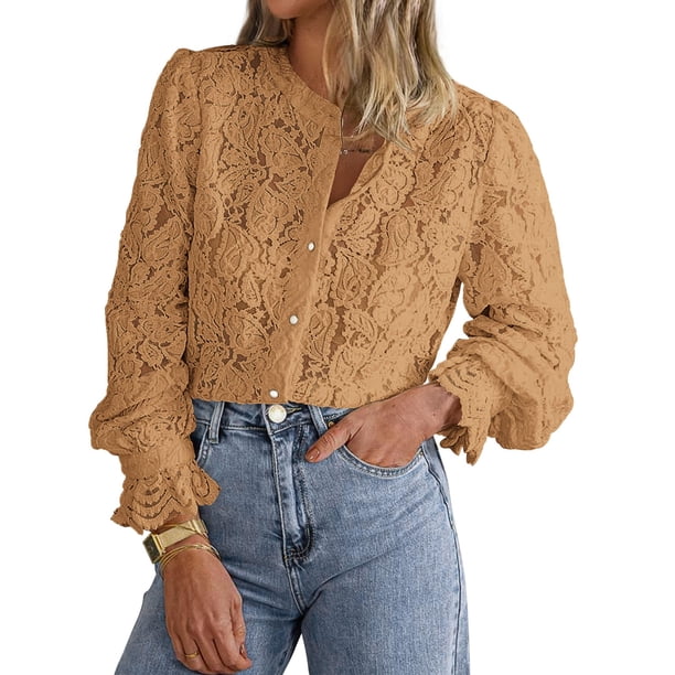 Blusa de Encaje para Mujer PRETTYGARDEN Manga Larga Caqui Talle S
