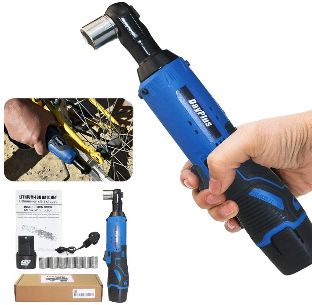Cordless Ratchet Right Angle Wrench 12V 40Nm Electric Wrench with 2 x 1500mAh Batteries Cordless Ratchet Wrench 3/8 Inches 1Hour Fast Charger 7 Sockets Blue