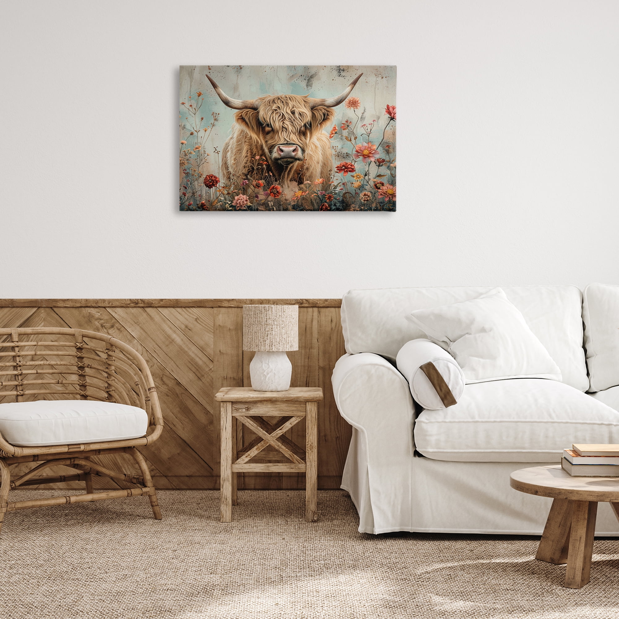 Stupell Industries Spring Blooms Highland Cow Animals Painting Wrapped Canvas Art Print Wall Art, 30 x 20
