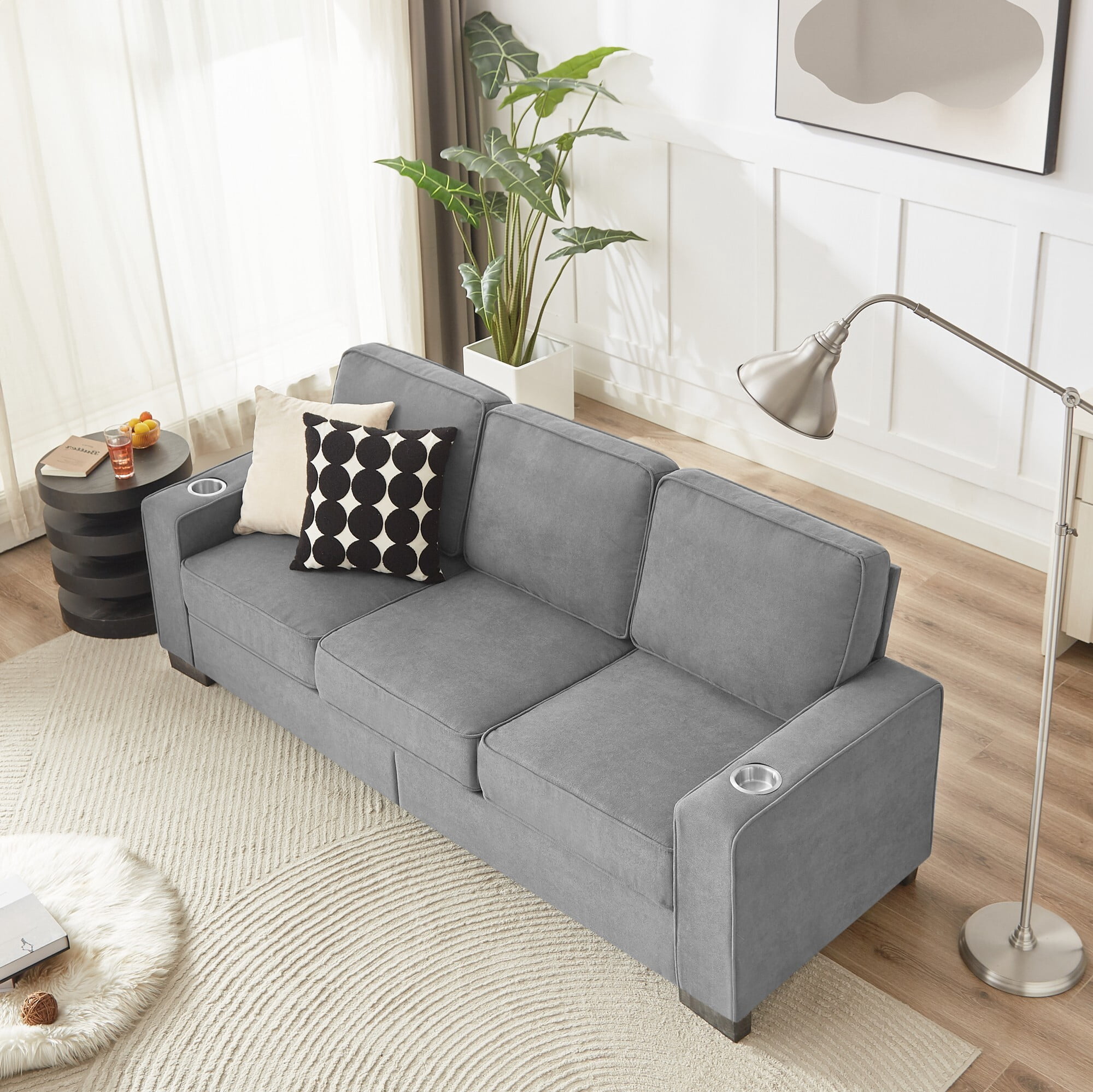 DEALTOPS 84" Modern Ice & Snow Velvet 3-Seater Sofa — Cozy Living Room Couch with Built-in Cup Holders, Gray