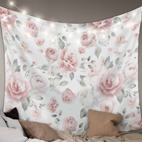 Pink Rose Tapestry for Bedroom Wall Hanging Tapestry, Modern Simple Romantic Flowers Floral Leaves Ceiling Backdrop Tapestries Poster Blanket Wall Decor for Teens Room Living Room Dorm 59" x 79"