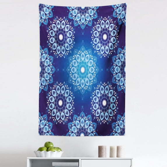Dark Blue Tapestry, Vintage Style Christmas Pattern with Lace Like Snowflake Motifs Romantic, Fabric Wall Hanging Decor for Bedroom Living Room Dorm, 5 Sizes, Sky Blue White, by Ambesonne