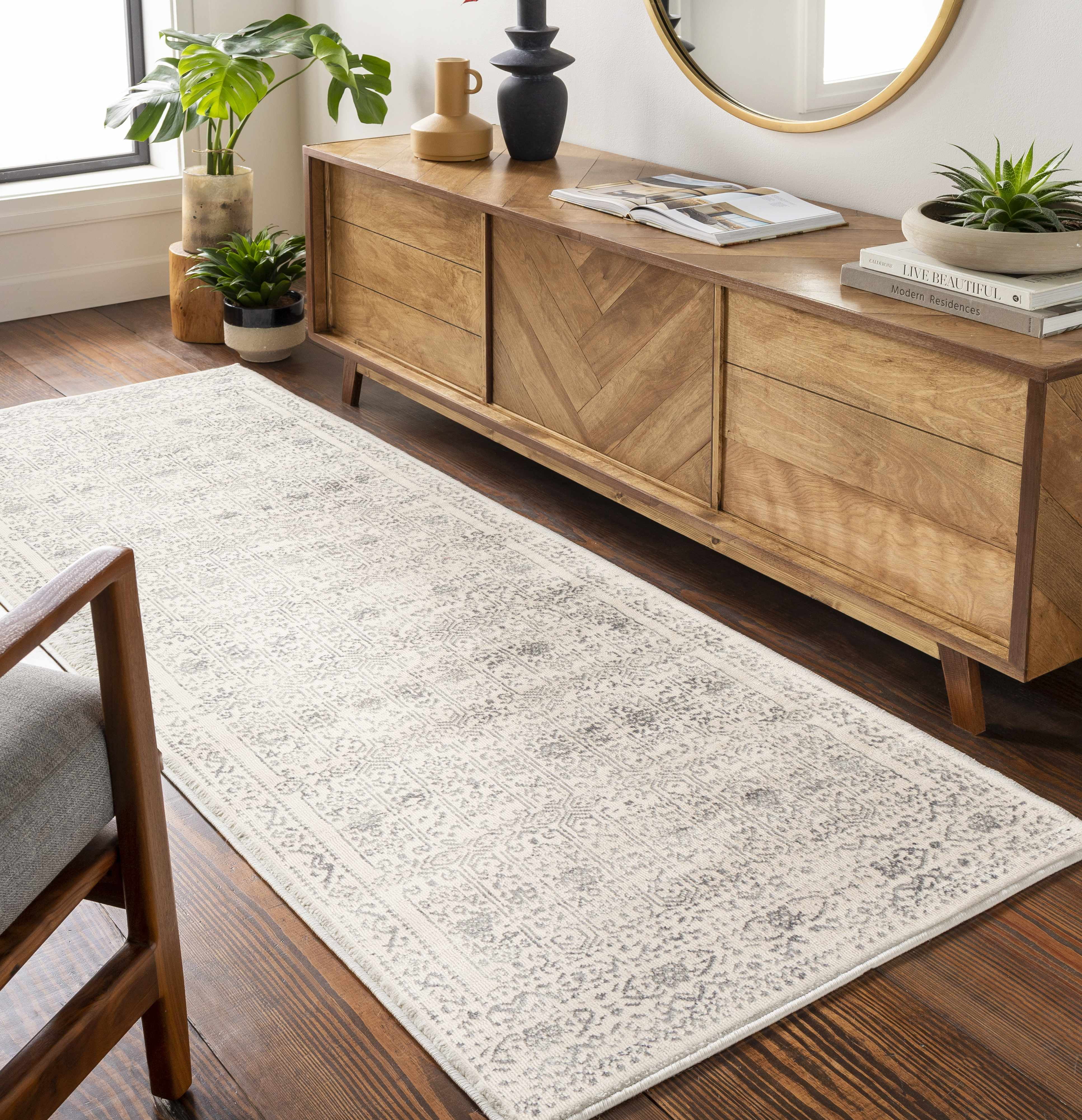 Hauteloom Neutral Collection Michie Modern Minimalist Living Room, Bedroom, Dining Room Area Rug - Bohemian Boho Distressed Carpet - Cream, Beige, Light Grey, Dark Gray - 6'7" x 9'