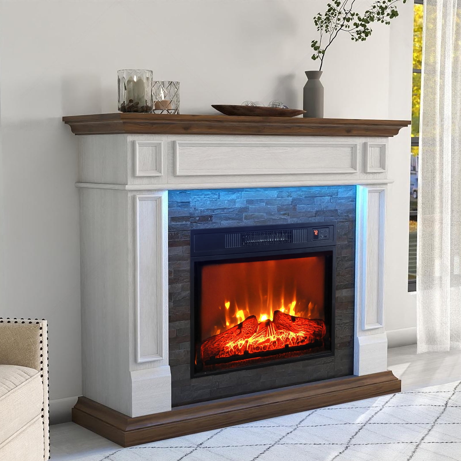 44" Fireplace TV Stand with Led Lights & 23'' Electric Fireplace, Wooden Free Standing Fireplace for Living Room, White & Brown