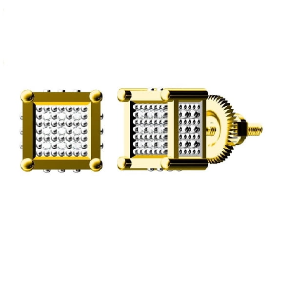 King of Bling's Micro Pave 0.05ct Real Diamond 925 Yellow Silver Women's & Men's Square Earrings