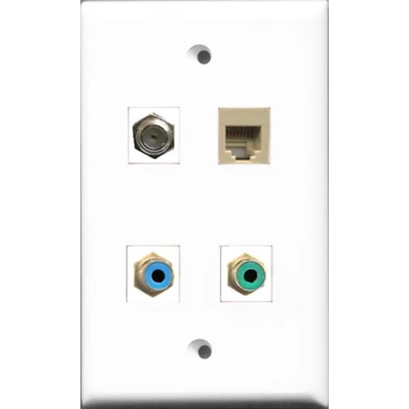 RiteAV 1 Port RCA Green and 1 Port RCA Blue and 1 Port Coax Cable TV- F-Type and 1 Port Phone RJ11 RJ12 Beige Wall Plate