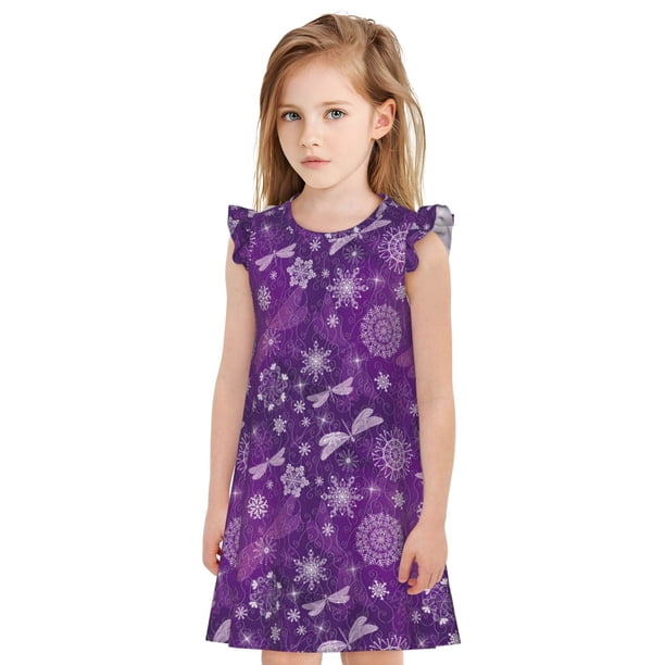 Fotbe Purple Snowflakes Vestido de Dormir para Niñas de 3 a 10 Años, Mangas Cortas, Estilo Princesa, Pijama Camisón con Mangas Voladas-Large