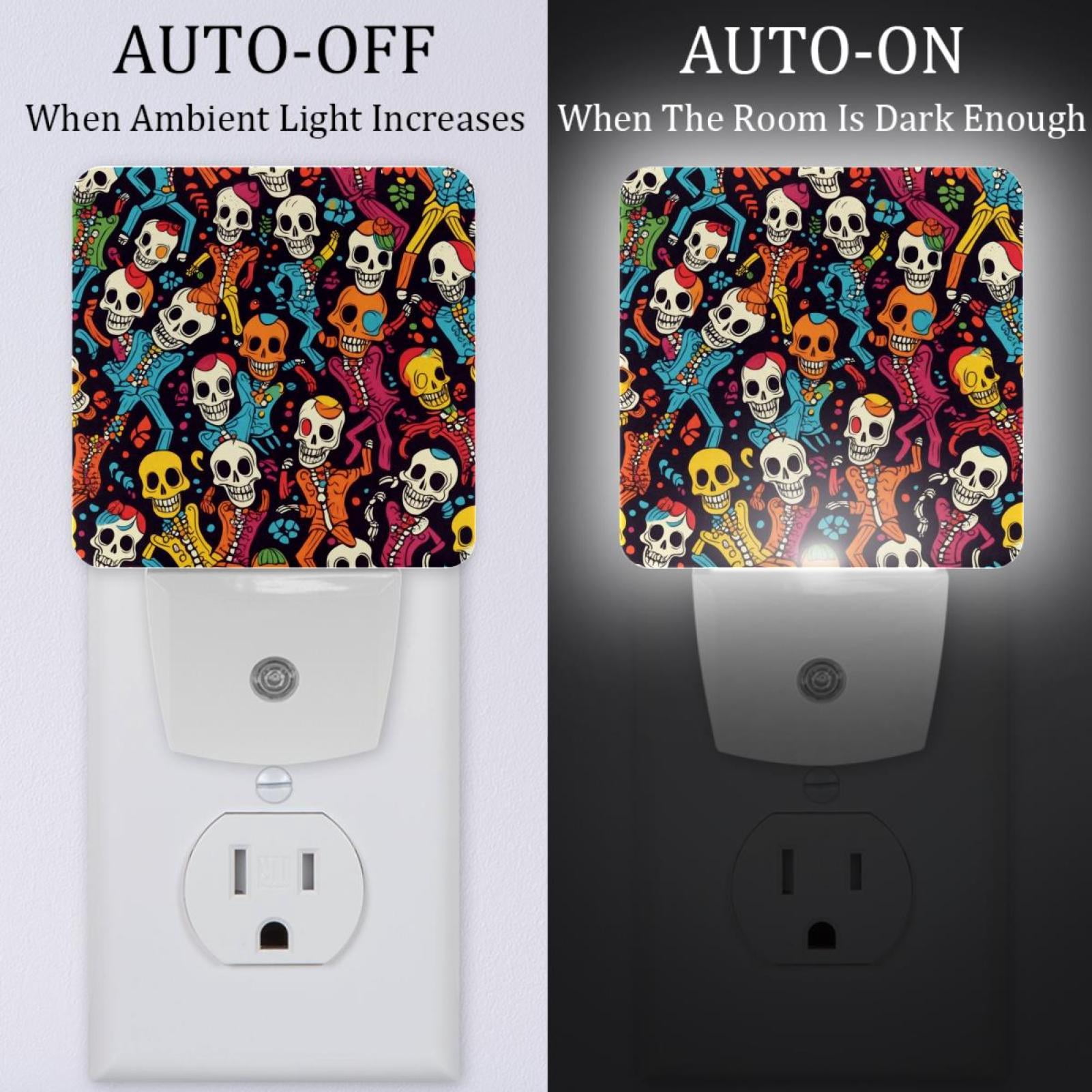PhooArto Dancing Skull Colorful Pattern Plug in LED Night Light Auto Sensor Dusk to Dawn Decorative Night for Bedroom, Bathroom, Kitchen, Hallway, Stairs, Baby's Room, Energy Saving
