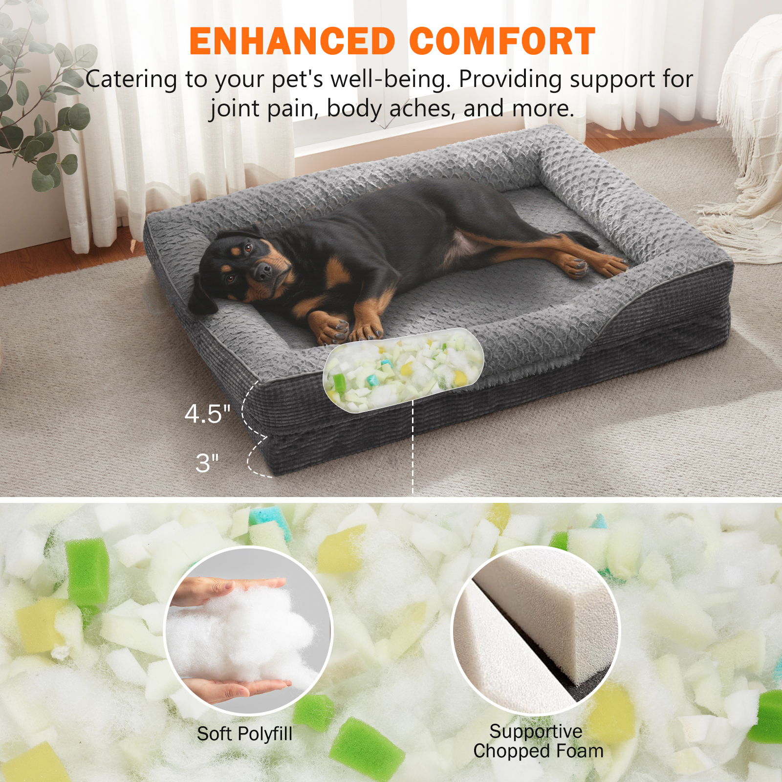 Durable Dog Sofa The Pet Bed, Washable Removable Cover with Zipper and Non-Slip Bottom Bolster, Waterproof Orthopedic Foam Dog Beds for Large Dogs, Gray, 42in