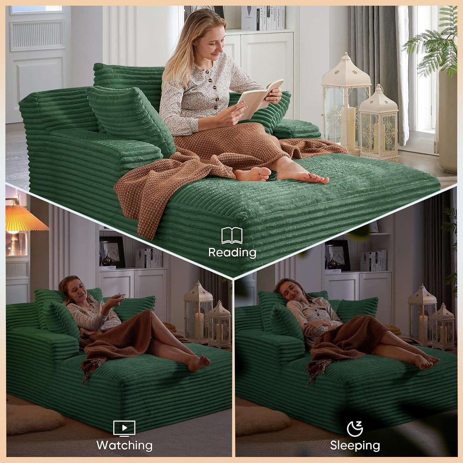 AENKYO 50" Chaise Lounge Sofa Bed with 3 Pillows, Convertible Sleeper Couch for Living Room, Bedroom & Small Spaces - Corduroy Upholstered Deep Seat Comfy Furniture - Green