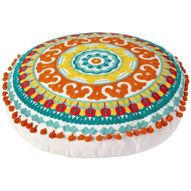 Dinheiro Almohada de suelo redonda bohemia bordada, cojín étnico bohemio de algodón para sala de estar, dormitorio, balcón, sala de yoga, coche, oficina al aire libre, decoración del hogar, puf