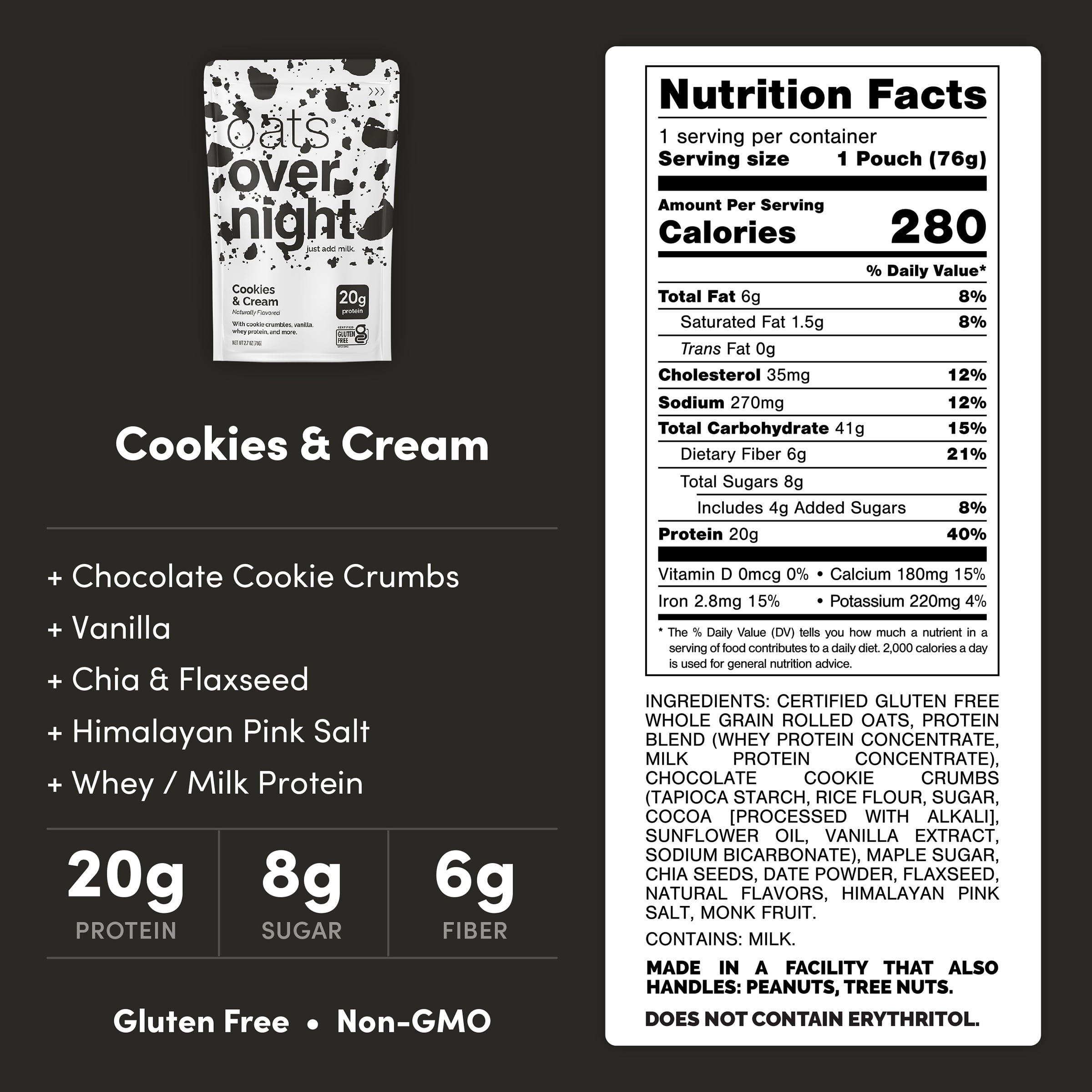 Oats Overnight Cookies & Cream Protein Overnight Oatmeal Shake, 2.7 oz, 1 Pouch