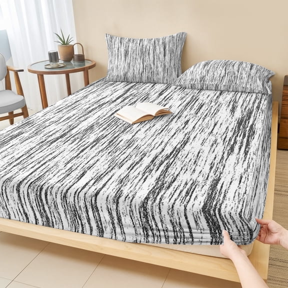 Queen Size Fitted Sheet Set - Black and White 3 Piece Bedding Sets 16" Deep Pocket Fitted Sheet with 2 Pillowcases, Modern Striped Geometric Abstract Art Brushed Microfiber Hotel Luxury Bed Sheets