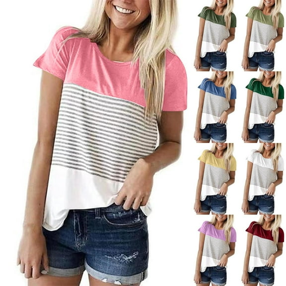 THDHVS Short Sleeve Shirts for Women,Color Block Striped Print Short Sleeve Pullover with Crew Neck for Statement Making Casual Style,Womens Summer Tops