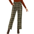 thumbnail image 1 of Pantalones largos rectos de cintura elástica con botones y cremallera de cuadros para mujer Inspire Chic en verde militar, 1 of 6