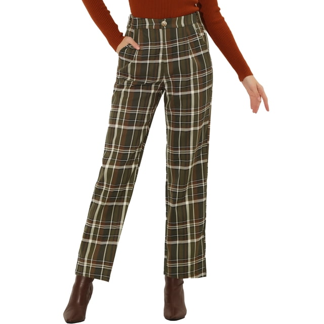 Pantalones largos rectos de cintura elástica con botones y cremallera de cuadros para mujer Inspire Chic en verde militar