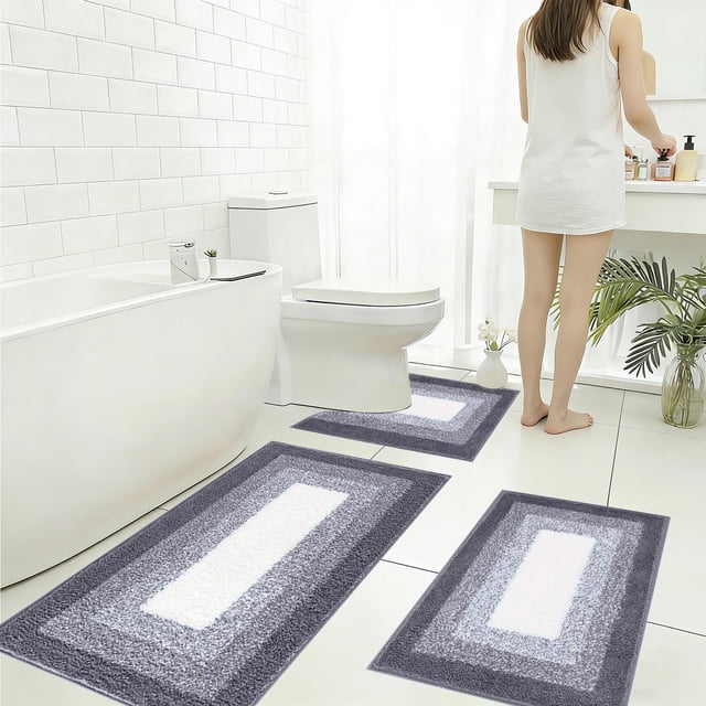 SSZMDLB Microfiber Bathroom Rug Set 3 Piece, U-Shaped Contour Bath Mat, Soft Absorbent Non-Slip Machine Washable Rugs for Toilet Tub Shower, Velvet Fleece Floor Mats
