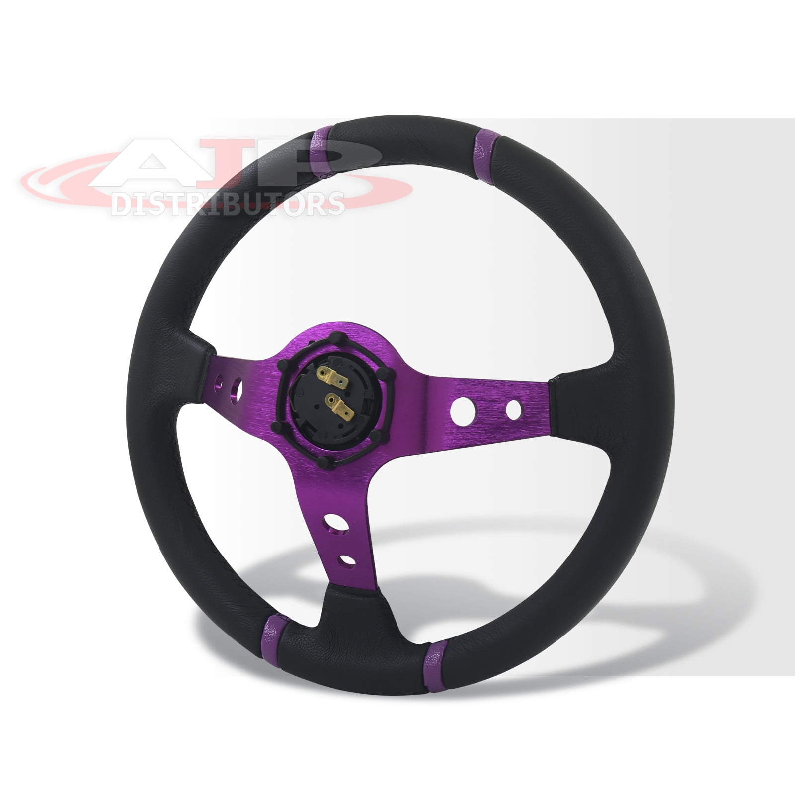 AJP Distributors Universal 350mm 14" Steering Wheel 6 Bolts Holes Black PVC Leather 4 Purple Pin Stripe Light Weight Aluminum 3 Spoke Center Deep Dish Horn Button Grip Stance JDM