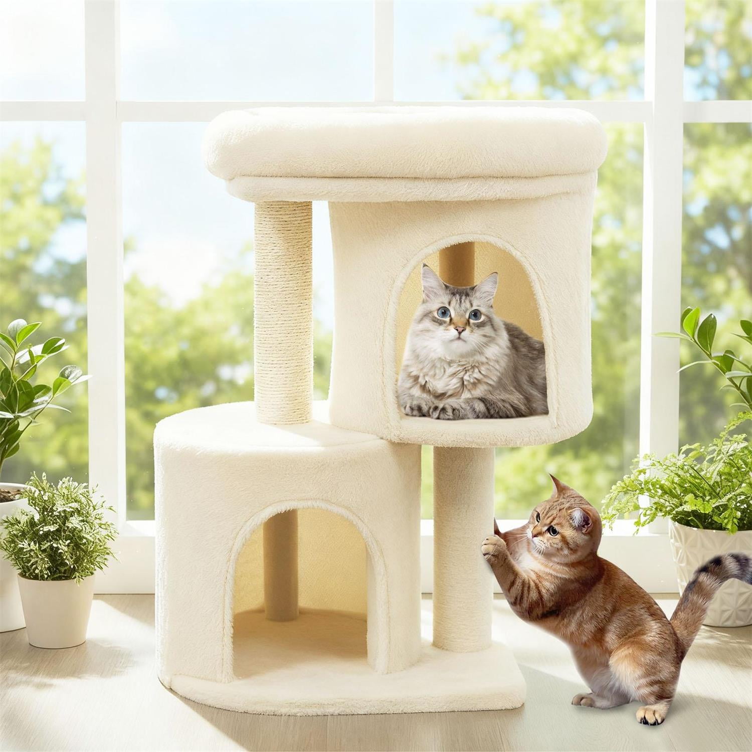 Pefilos 26" Cat Tower, Large Padded Perch & Dual Condos, Sisal Scratching Post & Anti-Toppling, Beige