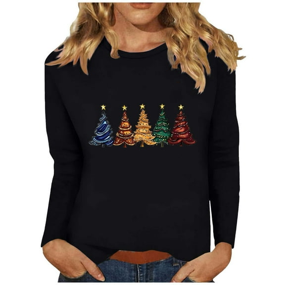asdoklhq Womens Long Sleeve Tops Ladies' Christmas Printed Loose Casual Round Neck Long Sleeved T-shirt Base Shirt Pullover Top Black S