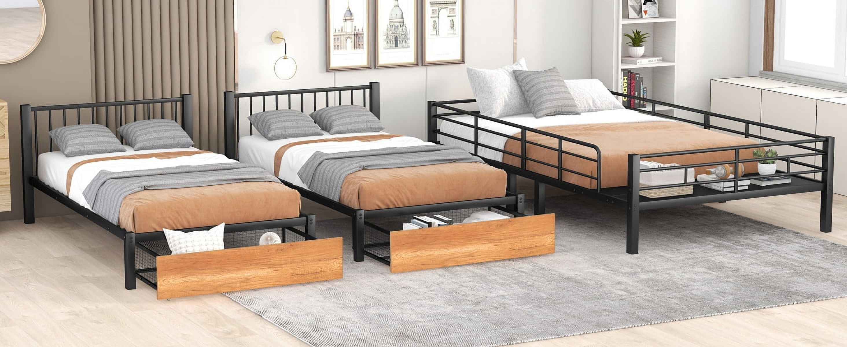 Mintazer Full Over Twin Over Twin Size Bunk Bed Frame with 2 Storage Drawers & Side Ladder, Triple Metal Bunk Bed with Guardrail, Can Be Split Into 3 Separate Beds, No Box Spring Needed, Black