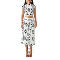 Elippeo Women's 2 Piece Skirt Outfits Short Sleeve Boho Pattern Print Tops Long Skinny Skirt Set