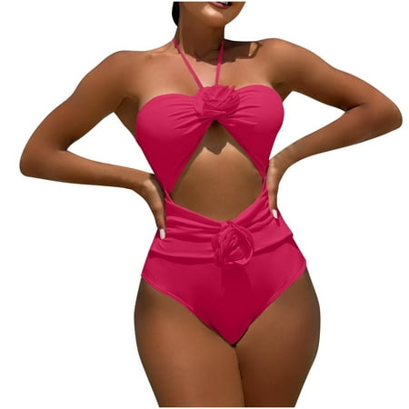 Uaswgudfs Womens One-Piece Swimsuit with Floral Embellishments & Adjustable Halter Straps  Structured Form-Fitting Swimwear Bathing Suit Hot Pink L