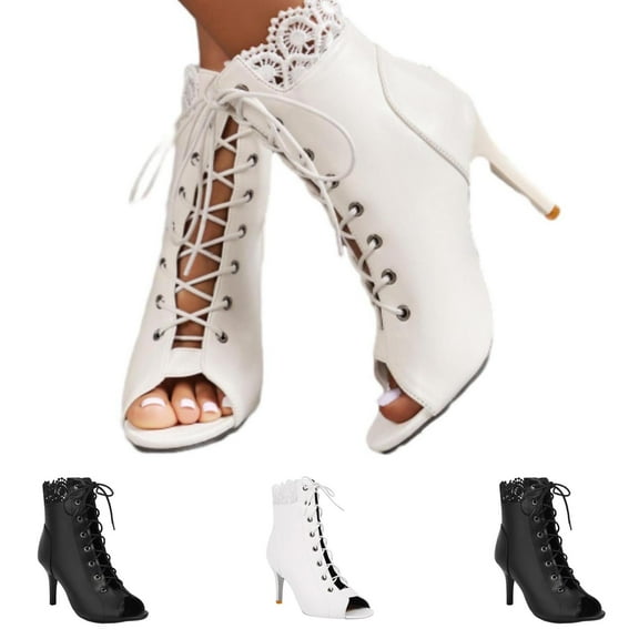 Black Booties TKYCMSUAKI Women's Stiletto High Heels Peep Toe Ankle Booties Fashion Heeled Sandals Zipper Summer Short Boots Lace-Up Dance Shoes