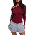 thumbnail image 2 of Women'S Off Shoulder Tops Dressy Long Sleeve Asymmetrical Slim Fit Going Out Fall Blouse Ruched Shirts Wine Red M, 2 of 8