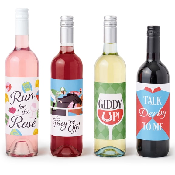 Big Dot of Happiness Derby Horse Race Wine Labels, Kentucky Horse Racing Themed Party Decorations for Women and Men, Funny Wine Bottle Label Stickers - Set of 4