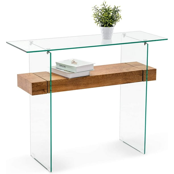 Ivinta Narrow Glass Console Table with Storage Modern Sofa Table