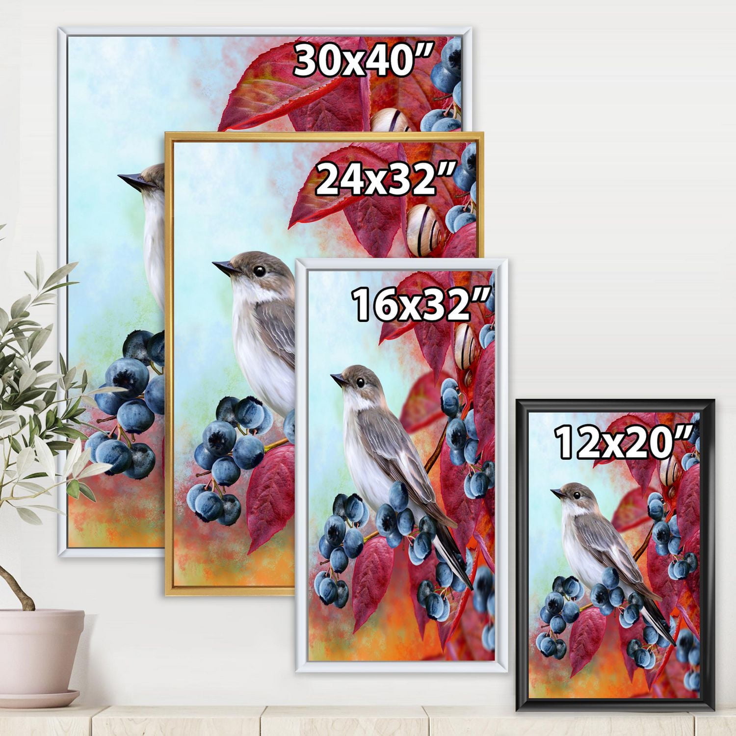 Designart Little Gray Bird On Red Autumn On Blueberry Twig FLOAT FRAME WALL ART