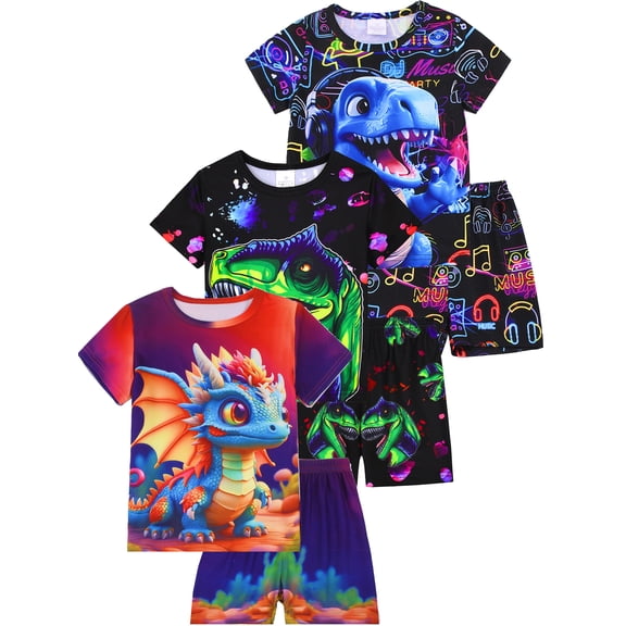 QEFJNO 3-12Y Kids Boys Pajamas Set 2 PCS Short Sleeve Top and Shorts Pants for Toddler Boys Dinosaur Pjs Summer